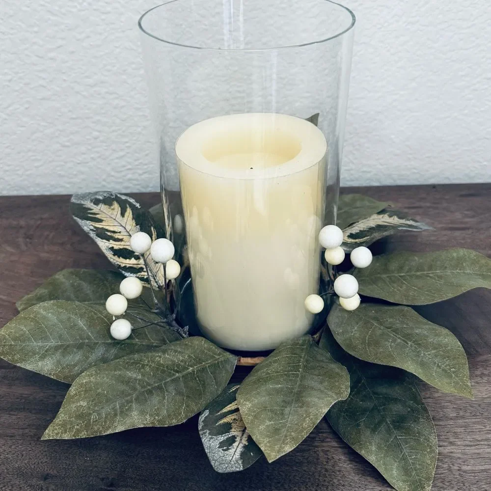 Green Wreath Holiday Berries Pillar Candle Holder